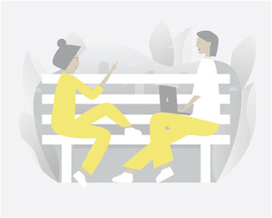 Man sit with a girl at park.  Vector illustration with Web communication idea for telework, remote working, social media, business, finance, and start up
