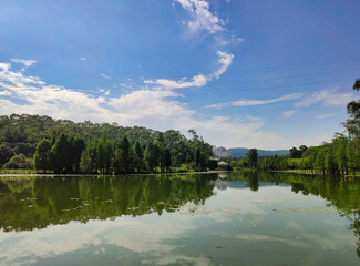 River and trees. Reflections in water.  Southern China Botanical Garden. Guangzhou. Guangdong. China. Asia.	