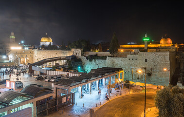 Night view of entrance of western wall and Mosque of Al-aqsa , and  the dome of the rock, an Islamic shrine located on the Temple Mount in the Old City of Jerusalem.