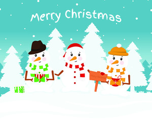 Three cute snowmen. Snowman are depicted in knitted scarves and hats with gifts outdoors against a background of white Christmas trees. Vector illustration
