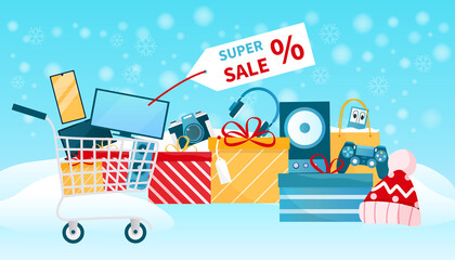 Shopping abstract concept. Christmas electronics sale lots of gifts boxes and shopping bags with electronic devices and gadgets. Flat cartoon vector illustration