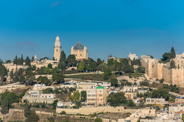 Historic buildings and Abbey of the Dormition , an abbey and the name of a Benedictine community in Jerusalem on Mount Zion, View from Mount of Olives.