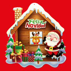 Santa house cardboard paper ornament with brilliantine, many colors gifts, cute reindeer, pine trees, snow in the roof, fireplace