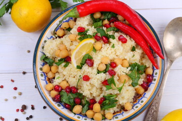 Eastern dish couscous with pomegranate and chickpeas
