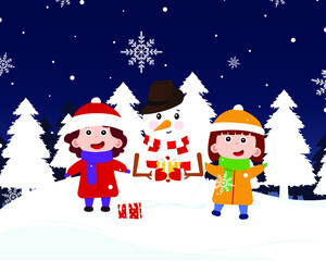 Cheerful children with snowman. Children snowman sculpted and decorated his knitted scarf and cap. Christmas and New Year with cheerful friends. Vector illustration