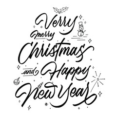 Verry Merry Christmas and Happy New Year quote with Hand drawn vintage illustration, hand-lettering and decoration elements perfect for print on t-shirt, card, poster and many more