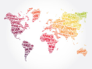 Fototapeta na wymiar Startup company word cloud in shape of world map, business concept background
