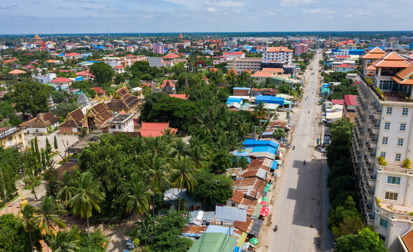 Aerial photographs of Battambang city and market.