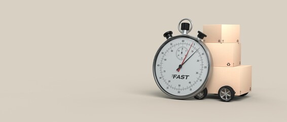stopwatch placed in front of a cardboard box with wheels