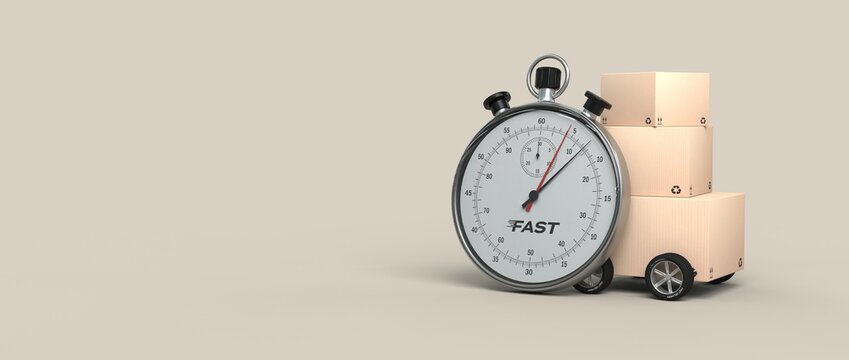 stopwatch placed in front of a cardboard box with wheels