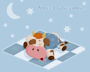 Illustration of a bull in pyjamas sleeping on a blanket.
Bull on a blue background with stars and a month with the inscription "sweet dreams".