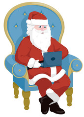 Santa Claus is sitting in a blue chair with a laptop on his lap