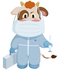Naklejka premium Bull in a medical protective suit in a mask with a syringe in his hands on a transparent background
