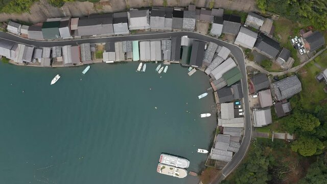 Funaya Fisherman Houses in Northern Kyoto, Ine-cho. Aerial Top Down View