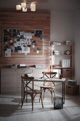 Detective office interior with evidence board on wall