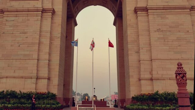 The Flags of Three Armed Forces of India Waving In Front Of India Gate - New Delhi - 4K