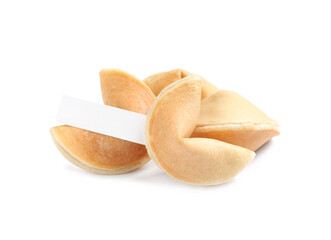 Traditional fortune cookies with prediction on white background