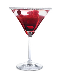 Delicious Christmas cocktail with liqueur in glass on white background