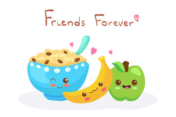 Kawaii funny breakfast characters - happy fruits and porridge. Cartoon vector illustration isolated on white background. Use for card, poster, web design, t-shirt print. Easy to edit. Vegan food.
