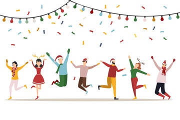 Happy people at a Christmas and New Year's corporate party. Positive men and women dancing and having fun. Set of modern vector characters.
