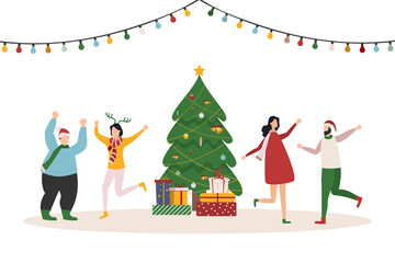 Happy people at a Christmas and New Year's corporate party. Positive men and women dancing and having fun. Set of modern vector characters.