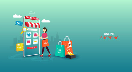 Online shopping on website E-commerce or mobile phone applications vector concepts and digital marketing. The woman is shopping on mobile phone.