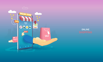 Online shopping on website E-commerce or mobile phone applications, digital marketing. Concept vector illustration perspective design.