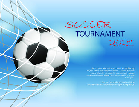 Soccer or football game tournament concept. Design of banner for sport events. Template of advertising for championship of soccer.