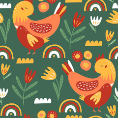 Floral seamless pattern  with flowers and bird. Spring background. Modern design for paper, covers, cards, fabrics and other users. Vector illustration.