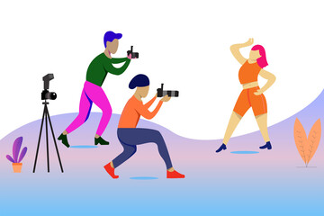 Vector illustration, Professional photographer taking pictures of young woman. female model posing for camera against white backdrop, modern flat people character 