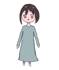 びっくりした表情の黒髪の女の子と水色のワンピース