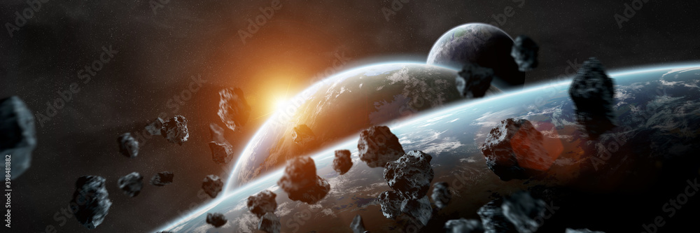 Fototapete Panoramic space planets background. Panorama of distant solar system with exoplanets 3D rendering elements of this image furnished by NASA