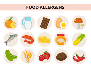 Food allergen icon set flat style. Allergy products, meal allergies. Isolated on white background. Vector illustration