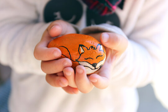 Hands of Little Child Holding Sleeping Fox Painted Rock