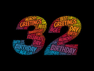 Happy 32nd birthday word cloud, holiday concept background