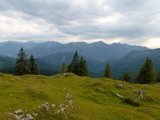 Fototapeta na wymiar Mountain hiking tour to Schildenstein mountain, Bavaria, Germany