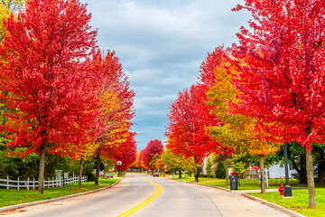 Kewaunee Town street view with autumn colors in Wisconsin of USA