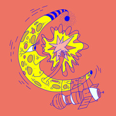 Trendy illustration of Solar energy. Happy moon cartoon with spacecraft image. Fantastic drawing of spaceship on bright backdrop. Fairytale vector clipart about space trip. Sunshine power concept.