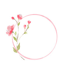 Round frame with pink flowers. Simple delicate background. Watercolor style