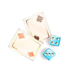 Two blue dice and two playing card, top view
