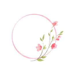 Round frame with pink flowers. Simple delicate background. Watercolor style