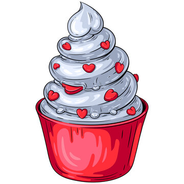 Cupcake of Hearts colorful vector illustration. Isolated on white. For your Valentine Day, birthday, wedding, Christmas and other parties design, menus, invitations, greeting cards, stickers, etc. 