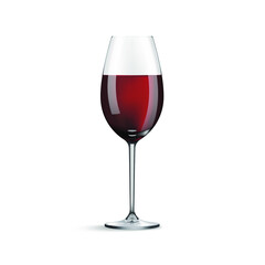Wine glass isolated on white background. Holiday realistic concept. Realistic glass with red wine inside. Vector illustration.