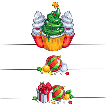 Set of three vector borders. Isolated on white. Colorful illustrations of Christmas desserts, decorations and gifts for your Christmas, New Year, food fests and other party designs.