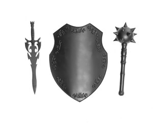 medieval black shield, sword and mace isolated on white background