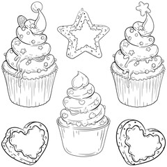 Vector set of Christmas Desserts. Line art illustrations of Santa hat, Christmas tree, Heart cupcakes and cookies for your Christmas, New Year, food fests and other party designs.