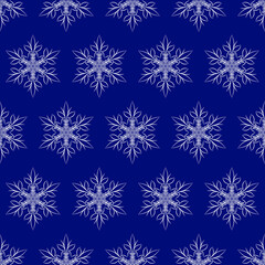 Fototapeta na wymiar Winter sashiko seamless pattern with snowflakes, on indigo blue background.