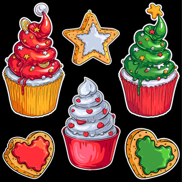 Vector set of Christmas Desserts on black background. Colorful illustrations of Santa hat, Christmas tree, Heart cupcakes and cookies for your Christmas, New Year, food fests and other party designs.