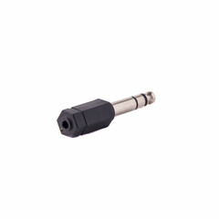 Plastic audio Jack adapter minijack to Jack, isolated on white background. Close up