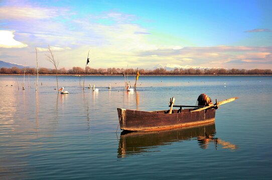 Fishing boat on Kerkini lake, an artificial reservoir located in Northern Greece, about 20km from Greek-Bulgarian border.